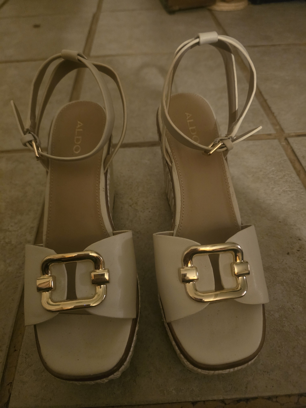 ALDO Women's Cream Ankle-Strap Platform Sandals with Gold Buckle